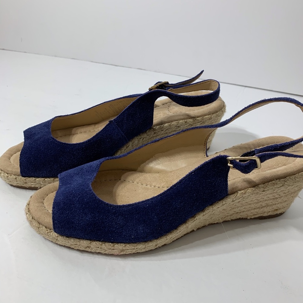 EUC Lands’ End Blue Suede Wedge Jute Heel Sandals